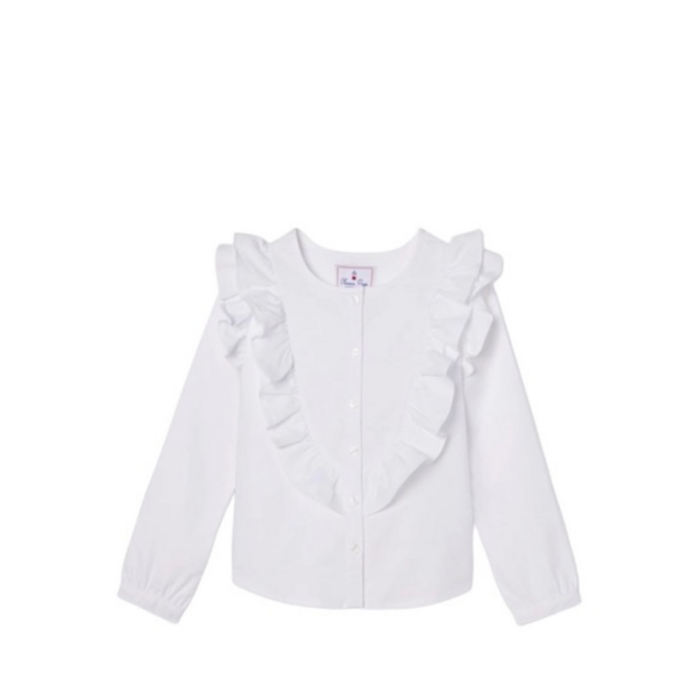 Classic Prep White Gemma Preppy Ruffle‎ Button Down Long Sleeve Shirt